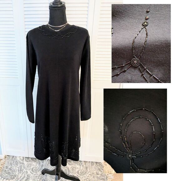 Liz Claiborne Dresses & Skirts - Vtg Liz Claiborne Wool Dress Women's L 90s A-line Black Beaded Chic Swing Y2K